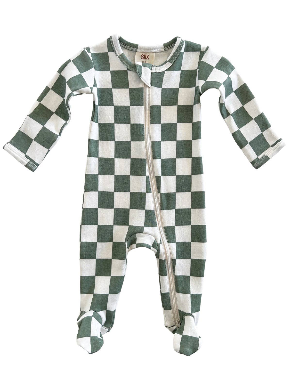 CHECKERBOARD ORGANIC ZIP FOOTIE - GREEN