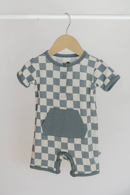 CHECKERED SHORTY ROMPER - SEA BLUE