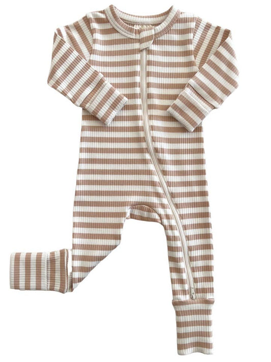 TAN STRIPE - ORGANIC RIBBED 2-WAY ZIP ROMPER