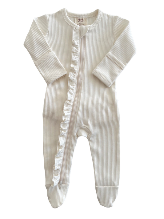 ORGANIC RIBBED FRILL ZIP FOOTIE