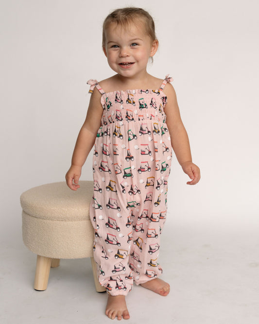 GOLF CART ORGANIC SMOCKED JUMPSUIT - PINK