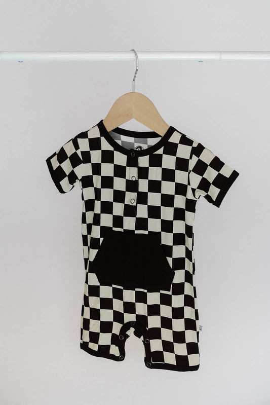 CHECKERED SHORTY ROMPER - JETT BLACK