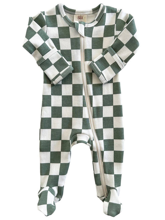 CHECKERBOARD ORGANIC ZIP FOOTIE - GREEN